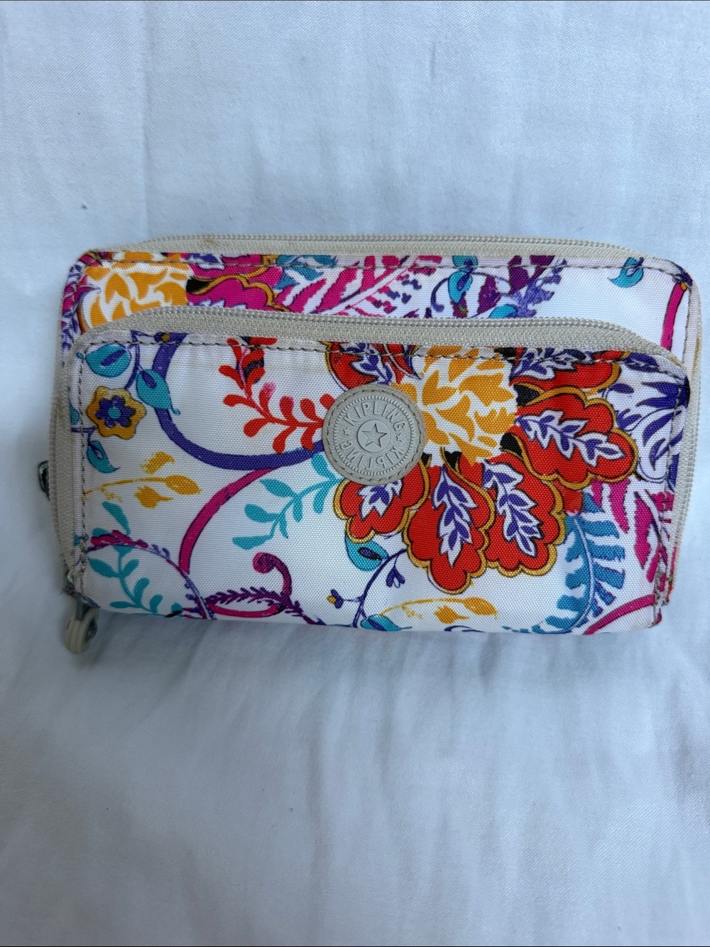 Kipling Floral Zip Wallet - White with Red, Yellow, Purple & Teal Accents